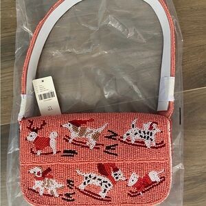 Anthropologie Coral Beaded Mini Bag with Dog Motif